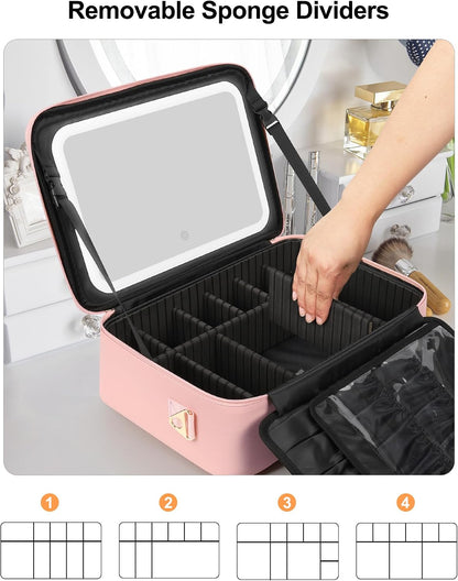 Travel Makeup Bag With LED Mirror, Cosmetic Train Case with Light up Mirror, Portable Makeup Artist Organizer Bag with Adjustable Dividers, Makeup Brush Holder Storage, Black
