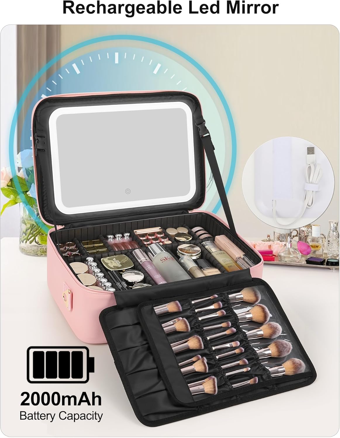 Travel Makeup Bag With LED Mirror, Cosmetic Train Case with Light up Mirror, Portable Makeup Artist Organizer Bag with Adjustable Dividers, Makeup Brush Holder Storage, Black