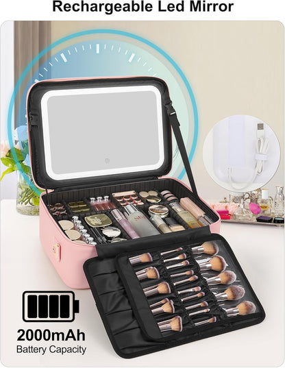 Travel Makeup Bag With LED Mirror, Cosmetic Train Case with Light up Mirror, Portable Makeup Artist Organizer Bag with Adjustable Dividers, Makeup Brush Holder Storage, Black