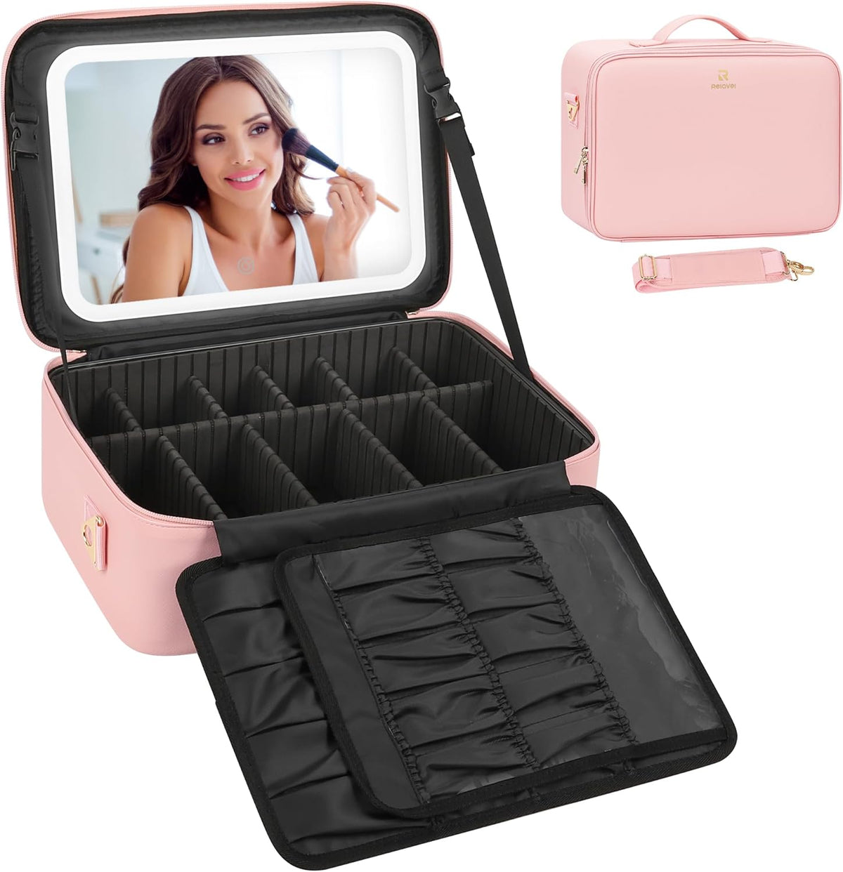 Travel Makeup Bag With LED Mirror, Cosmetic Train Case with Light up Mirror, Portable Makeup Artist Organizer Bag with Adjustable Dividers, Makeup Brush Holder Storage, Black