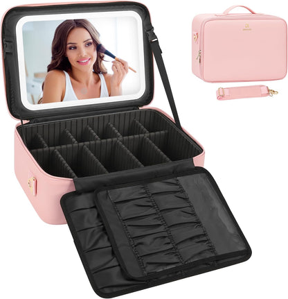 Travel Makeup Bag With LED Mirror, Cosmetic Train Case with Light up Mirror, Portable Makeup Artist Organizer Bag with Adjustable Dividers, Makeup Brush Holder Storage, Black