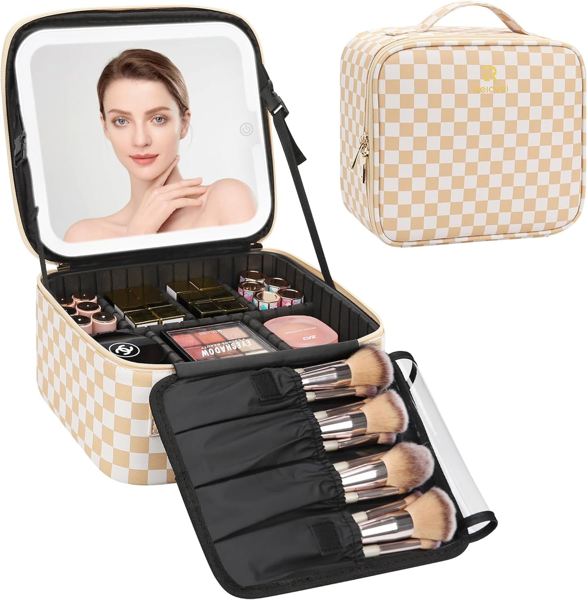 Travel Makeup Bag With LED Mirror, Cosmetic Train Case with Light up Mirror, Portable Makeup Artist Organizer Bag with Adjustable Dividers, Makeup Brush Holder Storage, Black