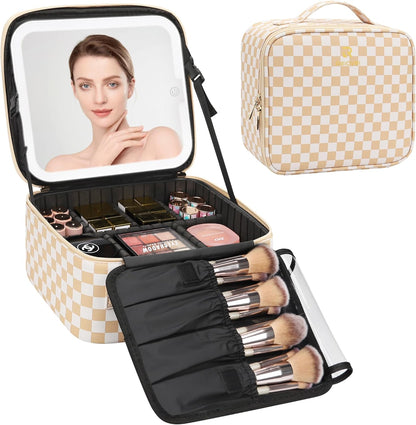 Travel Makeup Bag With LED Mirror, Cosmetic Train Case with Light up Mirror, Portable Makeup Artist Organizer Bag with Adjustable Dividers, Makeup Brush Holder Storage, Black