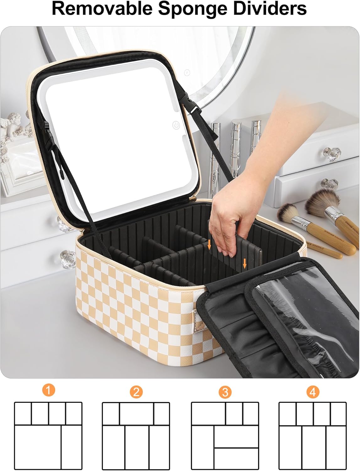 Travel Makeup Bag With LED Mirror, Cosmetic Train Case with Light up Mirror, Portable Makeup Artist Organizer Bag with Adjustable Dividers, Makeup Brush Holder Storage, Black