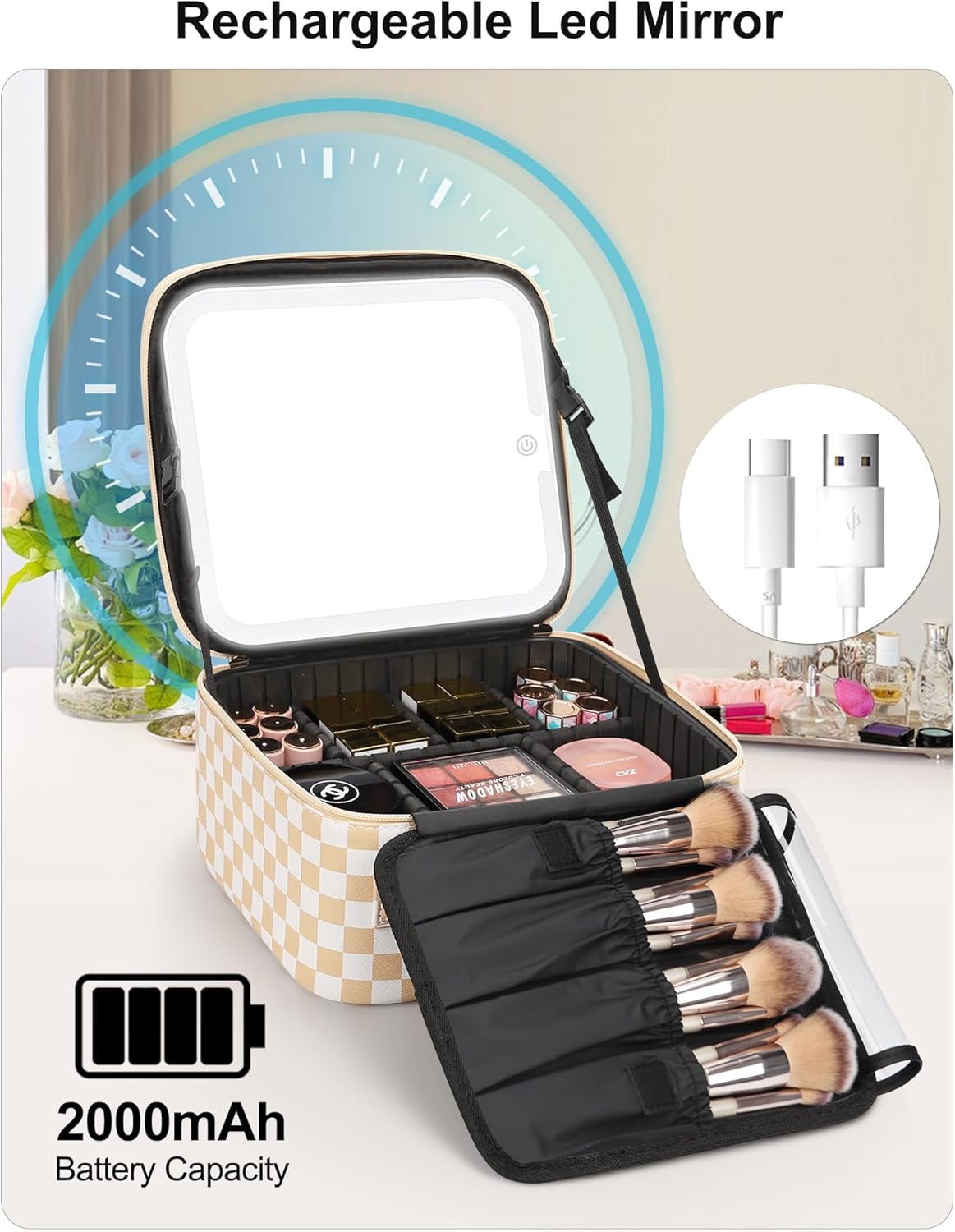 Travel Makeup Bag With LED Mirror, Cosmetic Train Case with Light up Mirror, Portable Makeup Artist Organizer Bag with Adjustable Dividers, Makeup Brush Holder Storage, Black