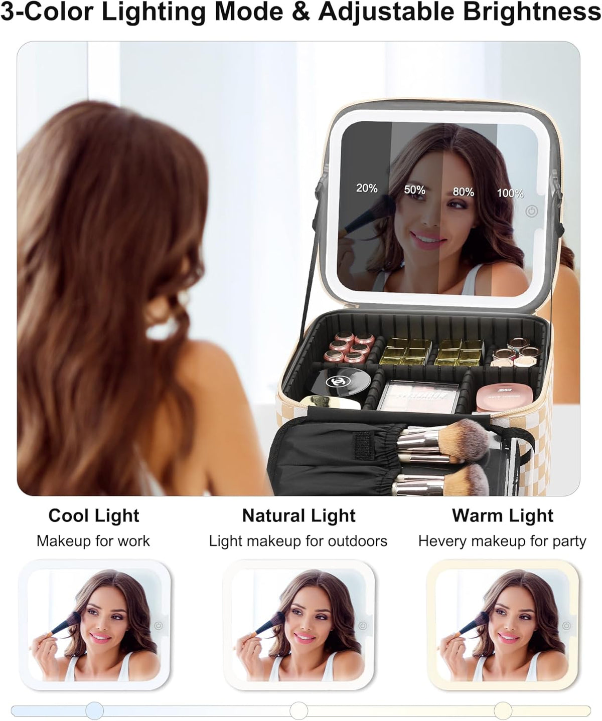 Travel Makeup Bag With LED Mirror, Cosmetic Train Case with Light up Mirror, Portable Makeup Artist Organizer Bag with Adjustable Dividers, Makeup Brush Holder Storage, Black
