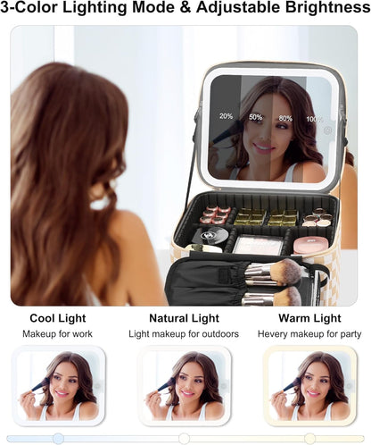 Travel Makeup Bag With LED Mirror, Cosmetic Train Case with Light up Mirror, Portable Makeup Artist Organizer Bag with Adjustable Dividers, Makeup Brush Holder Storage, Black