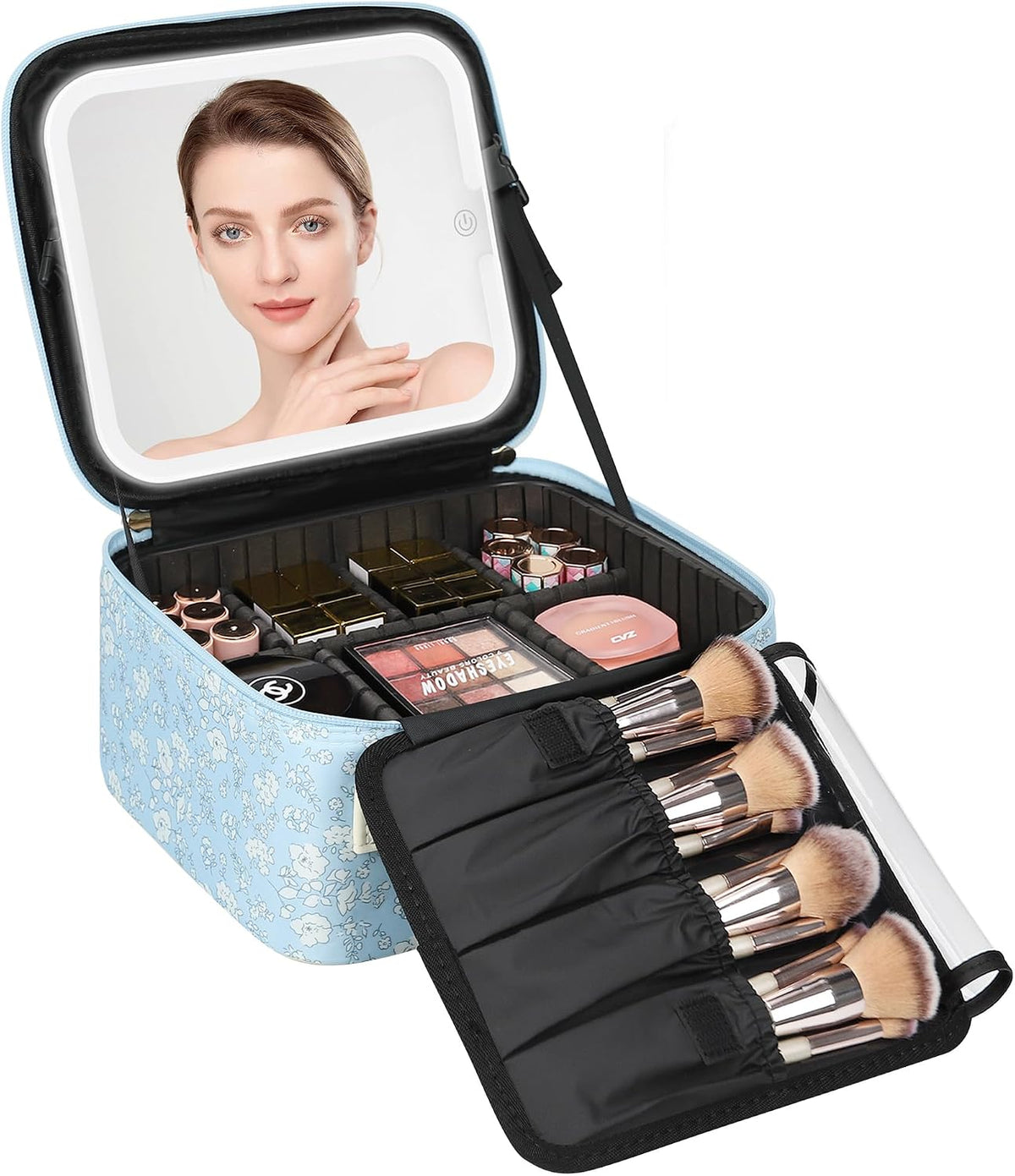 Travel Makeup Bag With LED Mirror, Cosmetic Train Case with Light up Mirror, Portable Makeup Artist Organizer Bag with Adjustable Dividers, Makeup Brush Holder Storage, Black