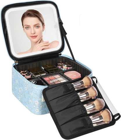 Travel Makeup Bag With LED Mirror, Cosmetic Train Case with Light up Mirror, Portable Makeup Artist Organizer Bag with Adjustable Dividers, Makeup Brush Holder Storage, Black
