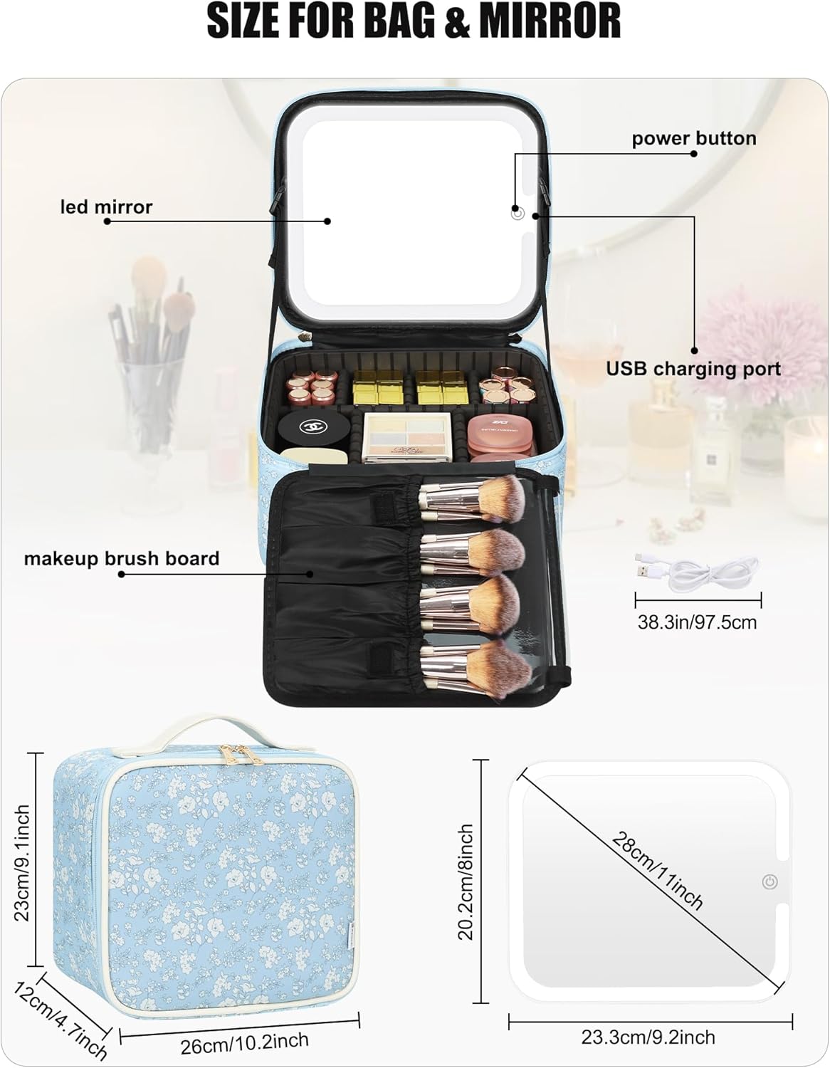 Travel Makeup Bag With LED Mirror, Cosmetic Train Case with Light up Mirror, Portable Makeup Artist Organizer Bag with Adjustable Dividers, Makeup Brush Holder Storage, Black