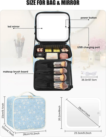 Travel Makeup Bag With LED Mirror, Cosmetic Train Case with Light up Mirror, Portable Makeup Artist Organizer Bag with Adjustable Dividers, Makeup Brush Holder Storage, Black