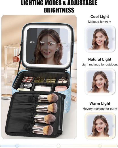 Travel Makeup Bag With LED Mirror, Cosmetic Train Case with Light up Mirror, Portable Makeup Artist Organizer Bag with Adjustable Dividers, Makeup Brush Holder Storage, Black