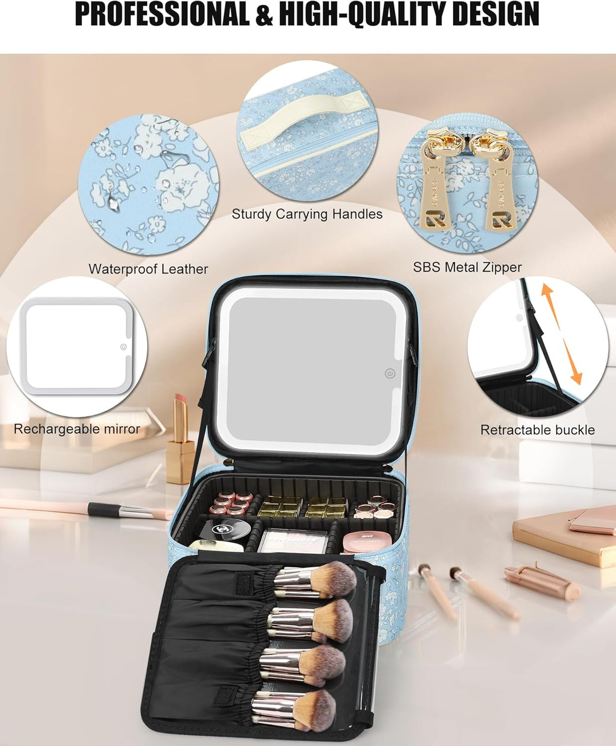 Travel Makeup Bag With LED Mirror, Cosmetic Train Case with Light up Mirror, Portable Makeup Artist Organizer Bag with Adjustable Dividers, Makeup Brush Holder Storage, Black