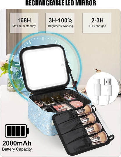 Travel Makeup Bag With LED Mirror, Cosmetic Train Case with Light up Mirror, Portable Makeup Artist Organizer Bag with Adjustable Dividers, Makeup Brush Holder Storage, Black