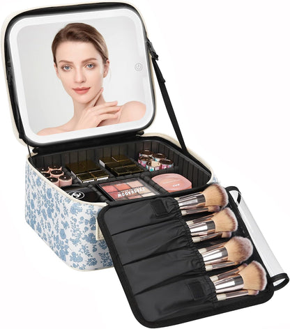 Travel Makeup Bag With LED Mirror, Cosmetic Train Case with Light up Mirror, Portable Makeup Artist Organizer Bag with Adjustable Dividers, Makeup Brush Holder Storage, Black