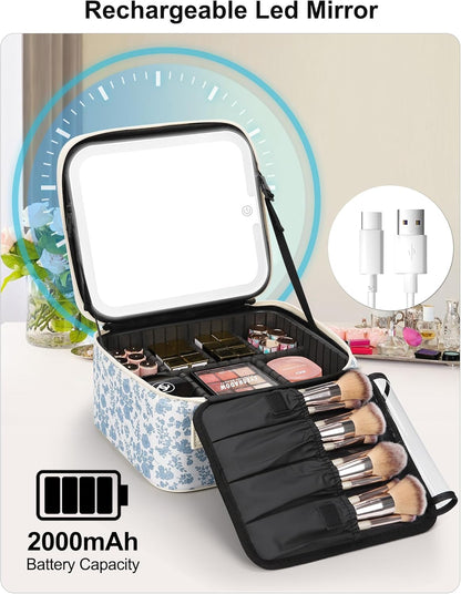 Travel Makeup Bag With LED Mirror, Cosmetic Train Case with Light up Mirror, Portable Makeup Artist Organizer Bag with Adjustable Dividers, Makeup Brush Holder Storage, Black