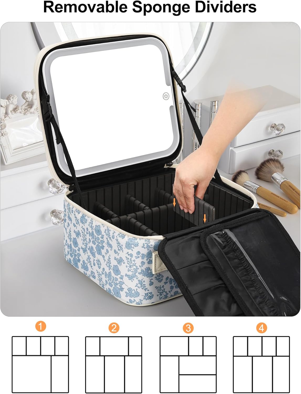 Travel Makeup Bag With LED Mirror, Cosmetic Train Case with Light up Mirror, Portable Makeup Artist Organizer Bag with Adjustable Dividers, Makeup Brush Holder Storage, Black