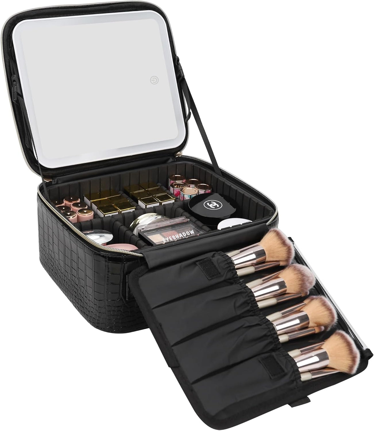 Travel Makeup Bag With LED Mirror, Cosmetic Train Case with Light up Mirror, Portable Makeup Artist Organizer Bag with Adjustable Dividers, Makeup Brush Holder Storage, Black