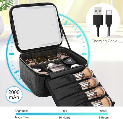 Travel Makeup Bag With LED Mirror, Cosmetic Train Case with Light up Mirror, Portable Makeup Artist Organizer Bag with Adjustable Dividers, Makeup Brush Holder Storage, Black