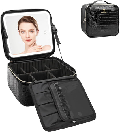 Travel Makeup Bag With LED Mirror, Cosmetic Train Case with Light up Mirror, Portable Makeup Artist Organizer Bag with Adjustable Dividers, Makeup Brush Holder Storage, Black