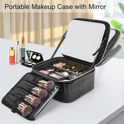 Travel Makeup Bag With LED Mirror, Cosmetic Train Case with Light up Mirror, Portable Makeup Artist Organizer Bag with Adjustable Dividers, Makeup Brush Holder Storage, Black