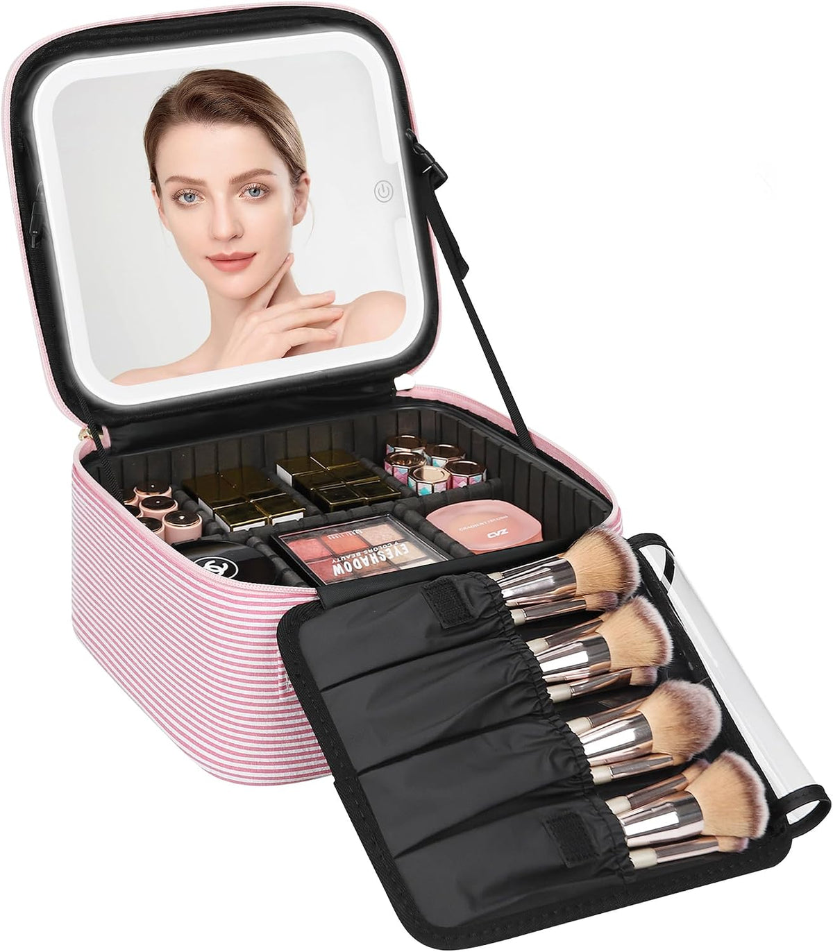 Travel Makeup Bag With LED Mirror, Cosmetic Train Case with Light up Mirror, Portable Makeup Artist Organizer Bag with Adjustable Dividers, Makeup Brush Holder Storage, Black