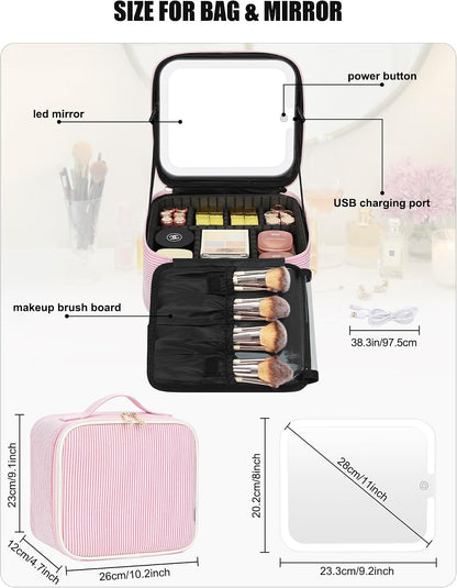 Travel Makeup Bag With LED Mirror, Cosmetic Train Case with Light up Mirror, Portable Makeup Artist Organizer Bag with Adjustable Dividers, Makeup Brush Holder Storage, Black