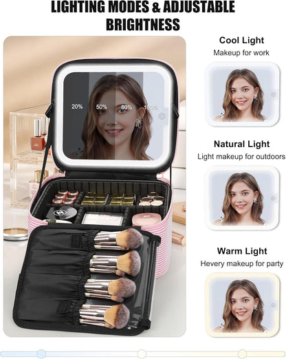 Travel Makeup Bag With LED Mirror, Cosmetic Train Case with Light up Mirror, Portable Makeup Artist Organizer Bag with Adjustable Dividers, Makeup Brush Holder Storage, Black