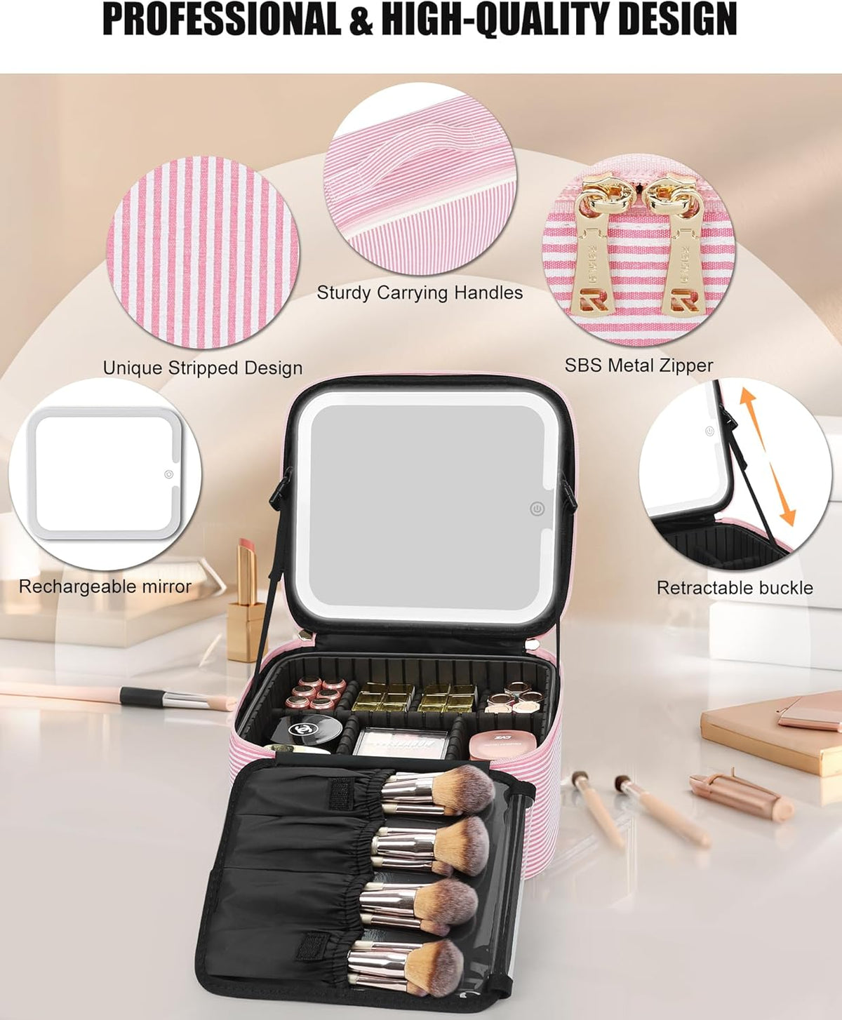Travel Makeup Bag With LED Mirror, Cosmetic Train Case with Light up Mirror, Portable Makeup Artist Organizer Bag with Adjustable Dividers, Makeup Brush Holder Storage, Black
