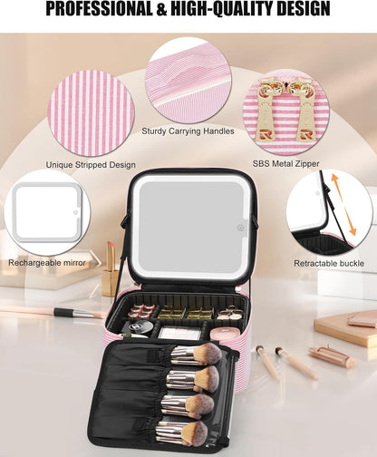 Travel Makeup Bag With LED Mirror, Cosmetic Train Case with Light up Mirror, Portable Makeup Artist Organizer Bag with Adjustable Dividers, Makeup Brush Holder Storage, Black
