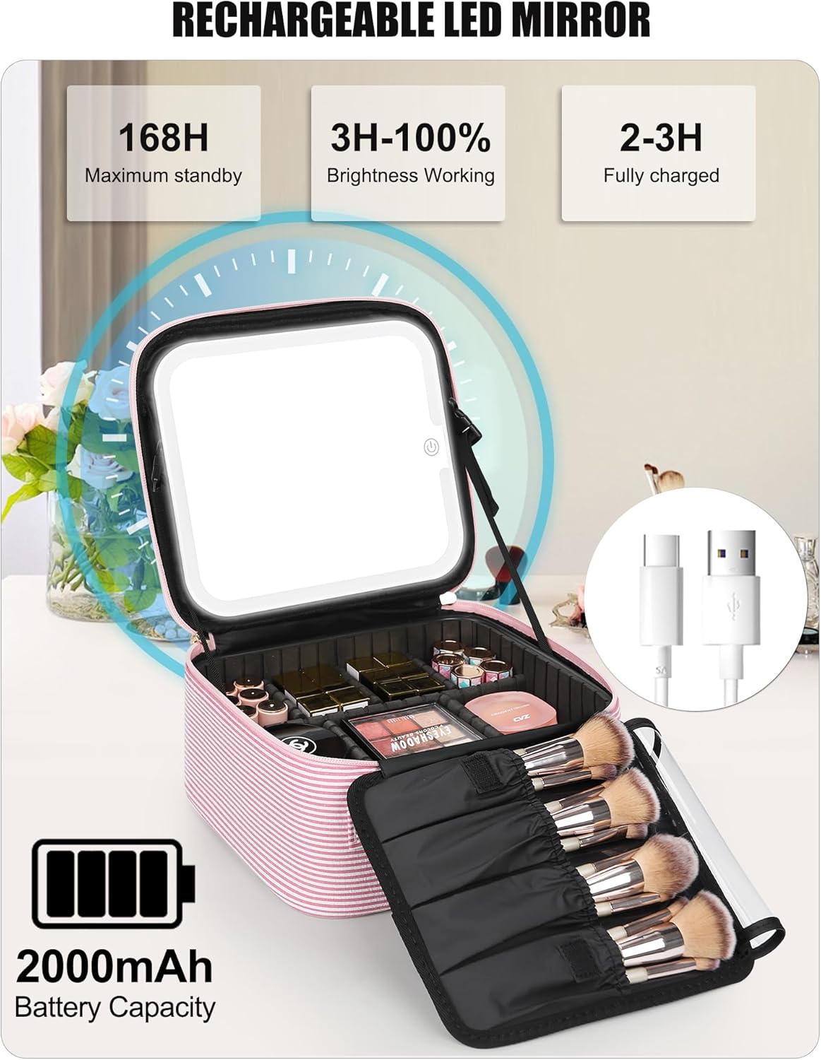 Travel Makeup Bag With LED Mirror, Cosmetic Train Case with Light up Mirror, Portable Makeup Artist Organizer Bag with Adjustable Dividers, Makeup Brush Holder Storage, Black
