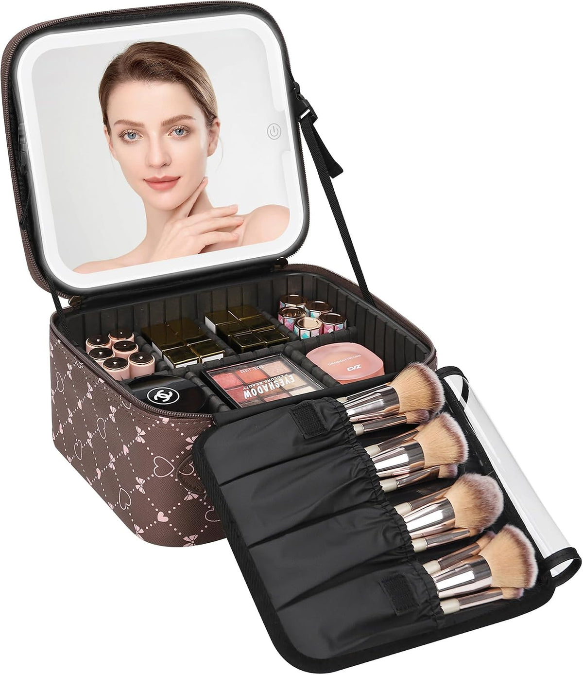 Travel Makeup Bag With LED Mirror, Cosmetic Train Case with Light up Mirror, Portable Makeup Artist Organizer Bag with Adjustable Dividers, Makeup Brush Holder Storage, Black