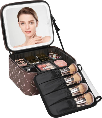 Travel Makeup Bag With LED Mirror, Cosmetic Train Case with Light up Mirror, Portable Makeup Artist Organizer Bag with Adjustable Dividers, Makeup Brush Holder Storage, Black