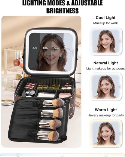 Travel Makeup Bag With LED Mirror, Cosmetic Train Case with Light up Mirror, Portable Makeup Artist Organizer Bag with Adjustable Dividers, Makeup Brush Holder Storage, Black
