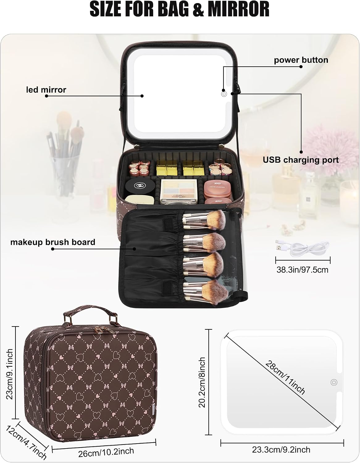 Travel Makeup Bag With LED Mirror, Cosmetic Train Case with Light up Mirror, Portable Makeup Artist Organizer Bag with Adjustable Dividers, Makeup Brush Holder Storage, Black