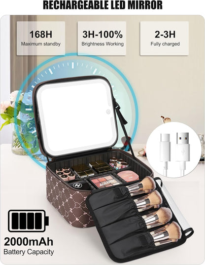 Travel Makeup Bag With LED Mirror, Cosmetic Train Case with Light up Mirror, Portable Makeup Artist Organizer Bag with Adjustable Dividers, Makeup Brush Holder Storage, Black