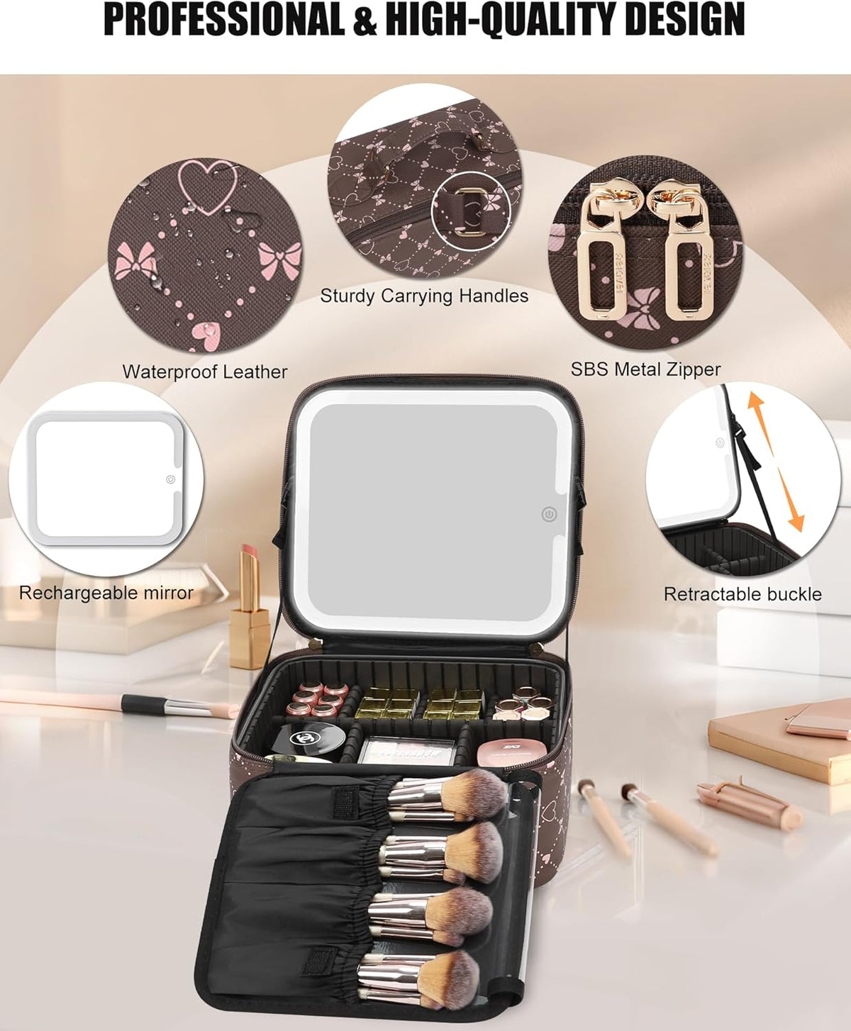 Travel Makeup Bag With LED Mirror, Cosmetic Train Case with Light up Mirror, Portable Makeup Artist Organizer Bag with Adjustable Dividers, Makeup Brush Holder Storage, Black