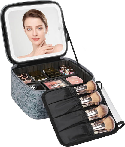 Travel Makeup Bag With LED Mirror, Cosmetic Train Case with Light up Mirror, Portable Makeup Artist Organizer Bag with Adjustable Dividers, Makeup Brush Holder Storage, Black