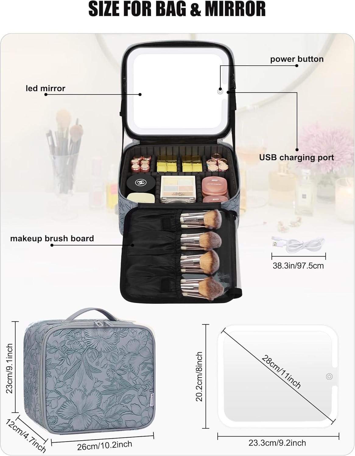 Travel Makeup Bag With LED Mirror, Cosmetic Train Case with Light up Mirror, Portable Makeup Artist Organizer Bag with Adjustable Dividers, Makeup Brush Holder Storage, Black
