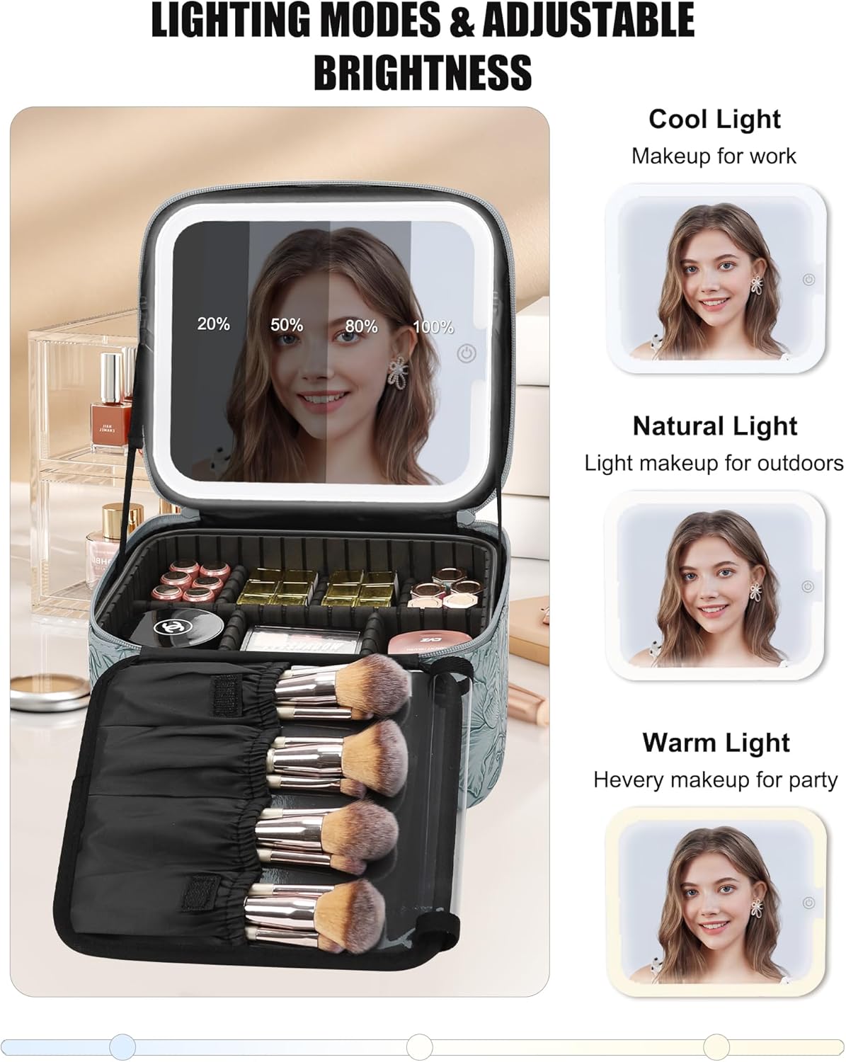 Travel Makeup Bag With LED Mirror, Cosmetic Train Case with Light up Mirror, Portable Makeup Artist Organizer Bag with Adjustable Dividers, Makeup Brush Holder Storage, Black