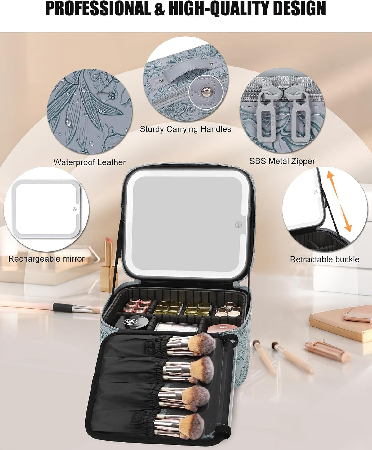 Travel Makeup Bag With LED Mirror, Cosmetic Train Case with Light up Mirror, Portable Makeup Artist Organizer Bag with Adjustable Dividers, Makeup Brush Holder Storage, Black