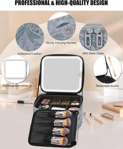 Travel Makeup Bag With LED Mirror, Cosmetic Train Case with Light up Mirror, Portable Makeup Artist Organizer Bag with Adjustable Dividers, Makeup Brush Holder Storage, Black