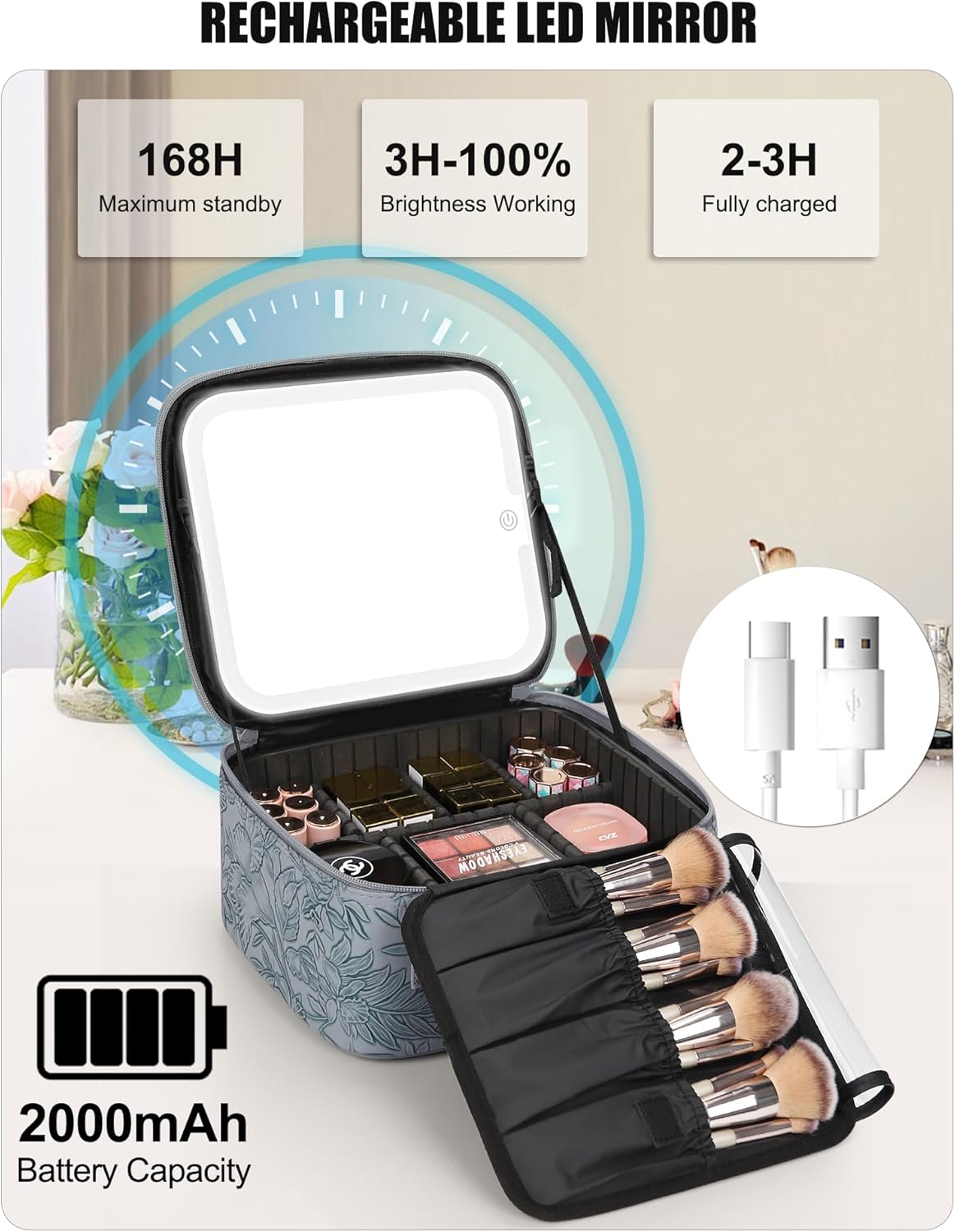 Travel Makeup Bag With LED Mirror, Cosmetic Train Case with Light up Mirror, Portable Makeup Artist Organizer Bag with Adjustable Dividers, Makeup Brush Holder Storage, Black