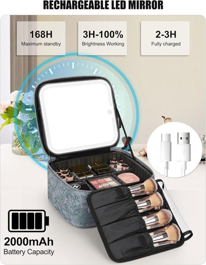 Travel Makeup Bag With LED Mirror, Cosmetic Train Case with Light up Mirror, Portable Makeup Artist Organizer Bag with Adjustable Dividers, Makeup Brush Holder Storage, Black