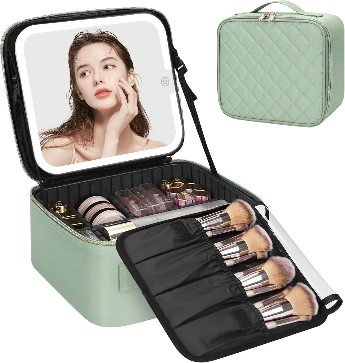 Travel Makeup Bag With LED Mirror, Cosmetic Train Case with Light up Mirror, Portable Makeup Artist Organizer Bag with Adjustable Dividers, Makeup Brush Holder Storage, Black