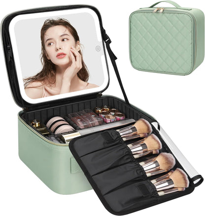 Travel Makeup Bag With LED Mirror, Cosmetic Train Case with Light up Mirror, Portable Makeup Artist Organizer Bag with Adjustable Dividers, Makeup Brush Holder Storage, Black