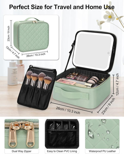 Travel Makeup Bag With LED Mirror, Cosmetic Train Case with Light up Mirror, Portable Makeup Artist Organizer Bag with Adjustable Dividers, Makeup Brush Holder Storage, Black