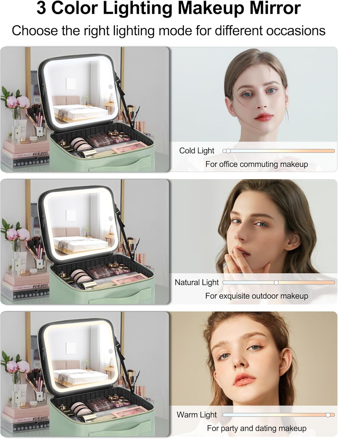 Travel Makeup Bag With LED Mirror, Cosmetic Train Case with Light up Mirror, Portable Makeup Artist Organizer Bag with Adjustable Dividers, Makeup Brush Holder Storage, Black