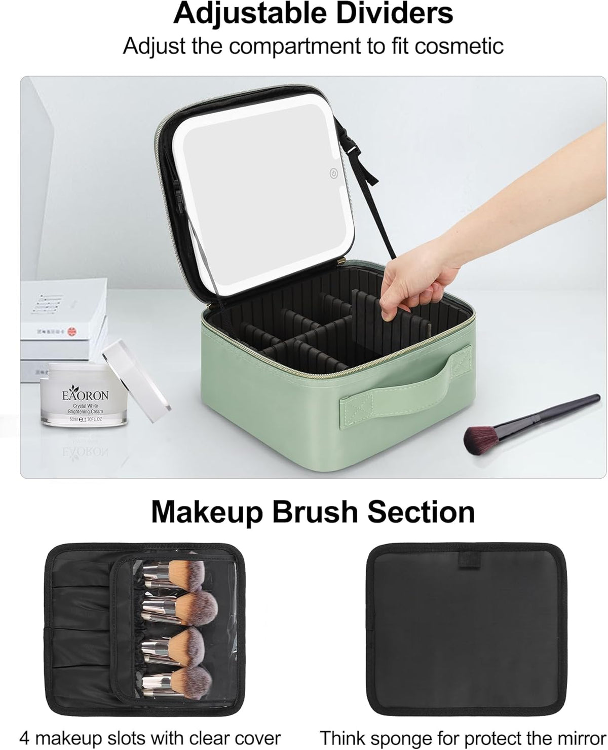 Travel Makeup Bag With LED Mirror, Cosmetic Train Case with Light up Mirror, Portable Makeup Artist Organizer Bag with Adjustable Dividers, Makeup Brush Holder Storage, Black