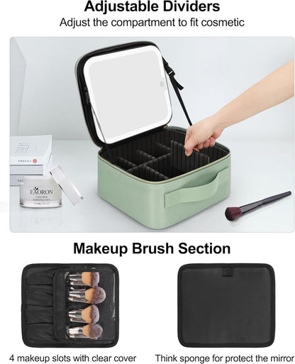Travel Makeup Bag With LED Mirror, Cosmetic Train Case with Light up Mirror, Portable Makeup Artist Organizer Bag with Adjustable Dividers, Makeup Brush Holder Storage, Black